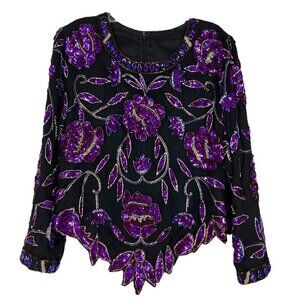 Vintage Silk Top Beaded Black Purple Formal Party Cocktail Medium